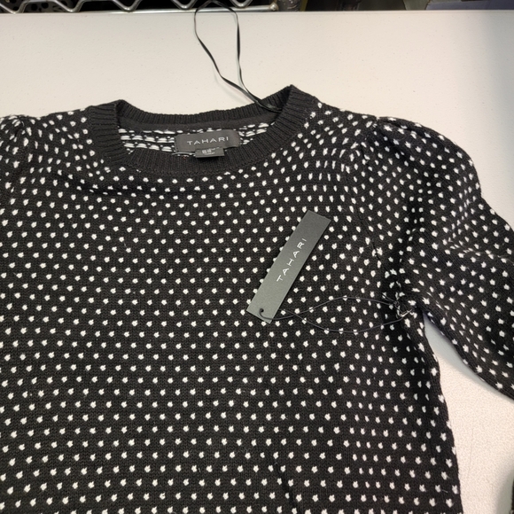 Tahari Womens Sweater Size Black White Polka Dot Pullover Top Puff Sleeve Sz XS - Picture 4 of 7